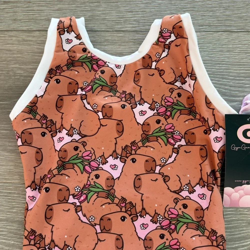 NWT Gym Gear Kids Brown Capybara Animal Print Gymnastics/Dance Leotard Size S‎